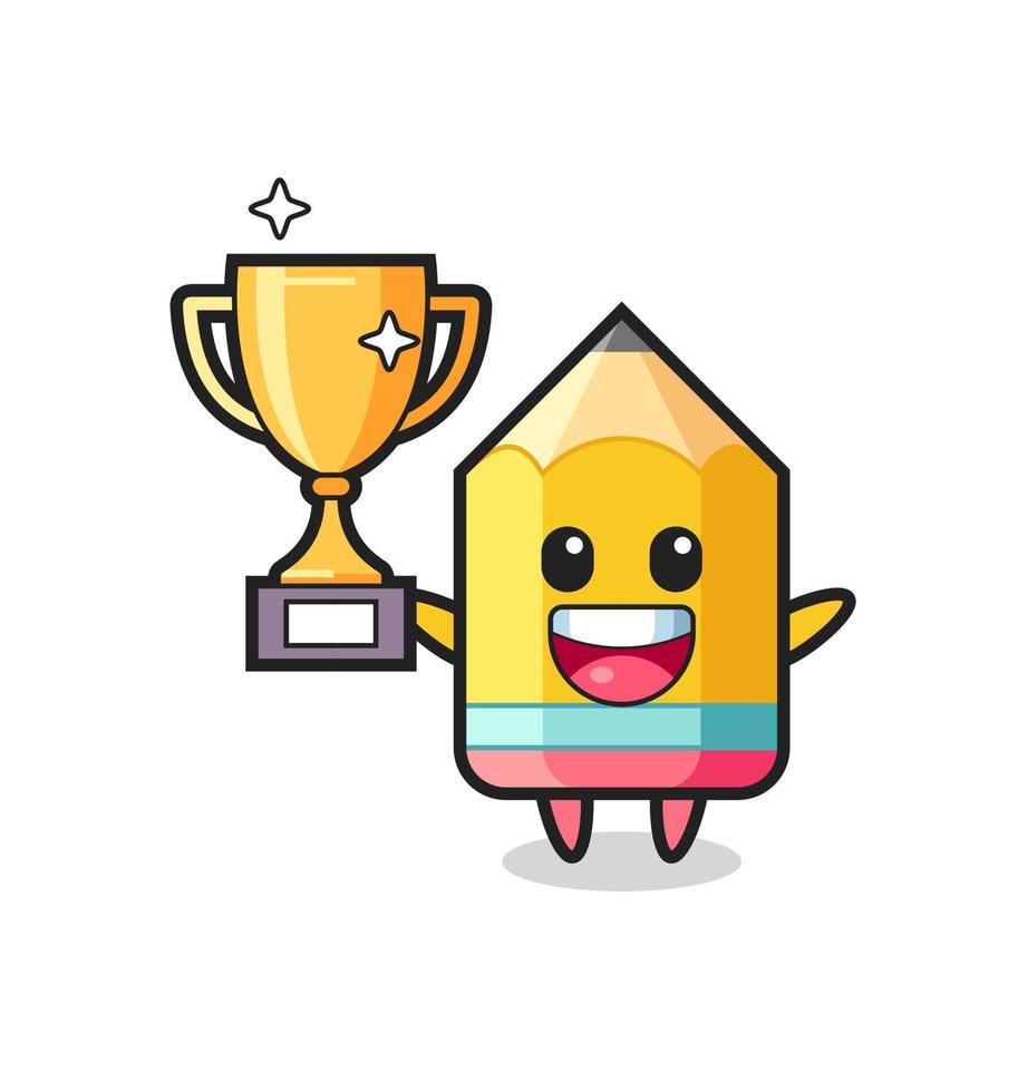 Cartoon Illustration of pencil is happy holding up the golden trophy vector