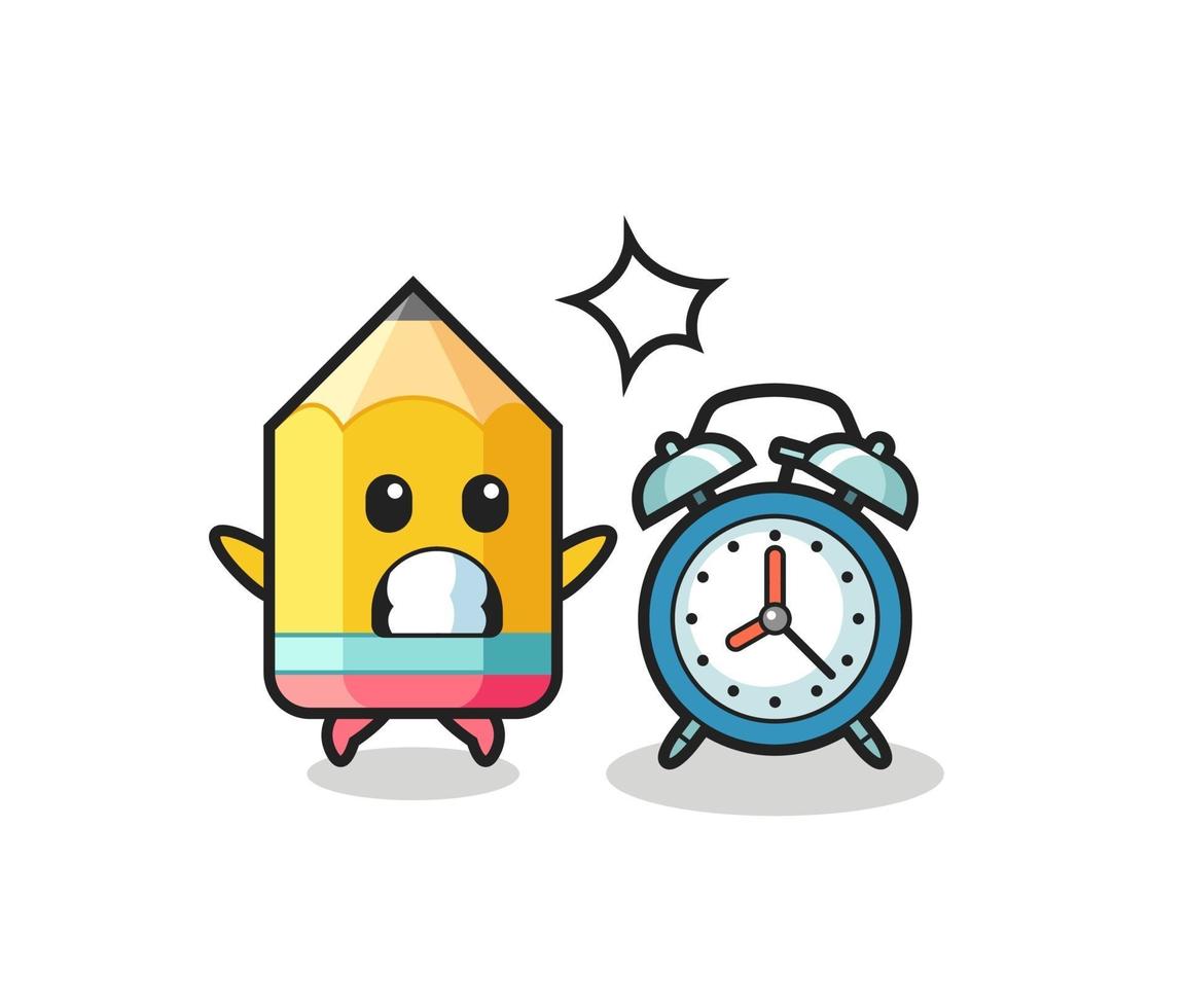 Cartoon Illustration of pencil is surprised with a giant alarm clock vector