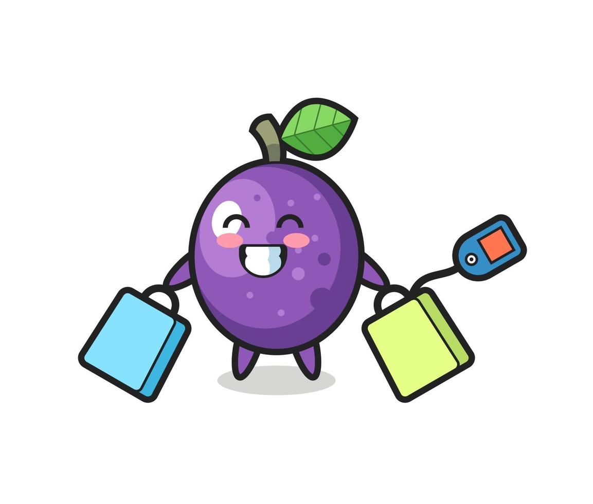 passion fruit mascot cartoon holding a shopping bag vector