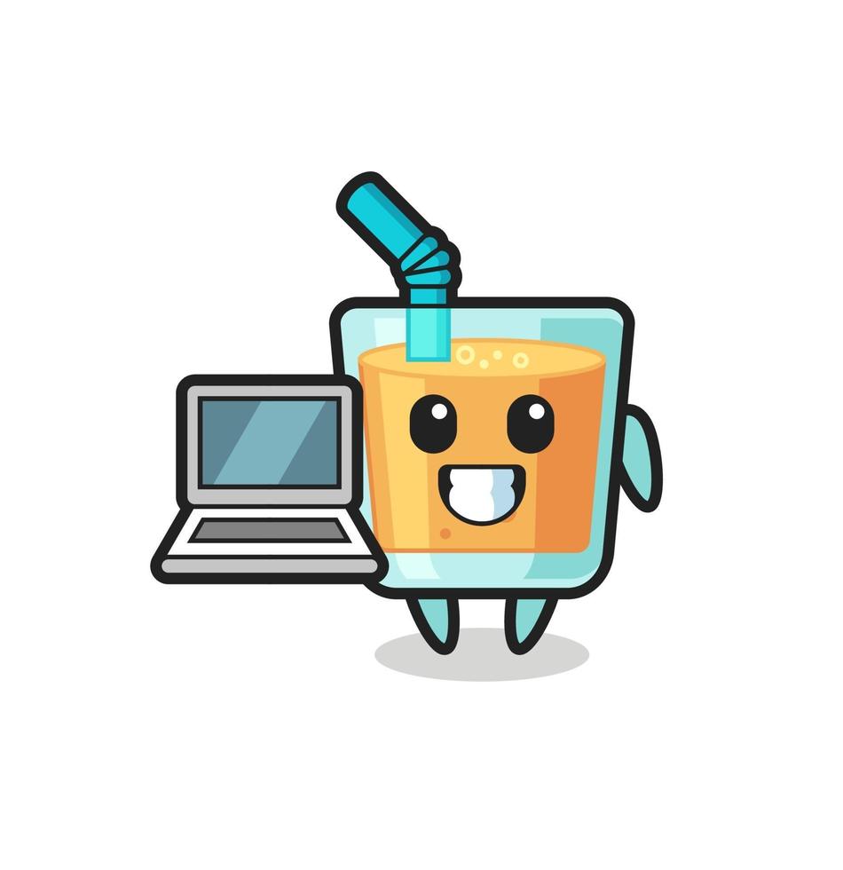 Ilustración de mascota de jugo de naranja con una computadora portátil vector