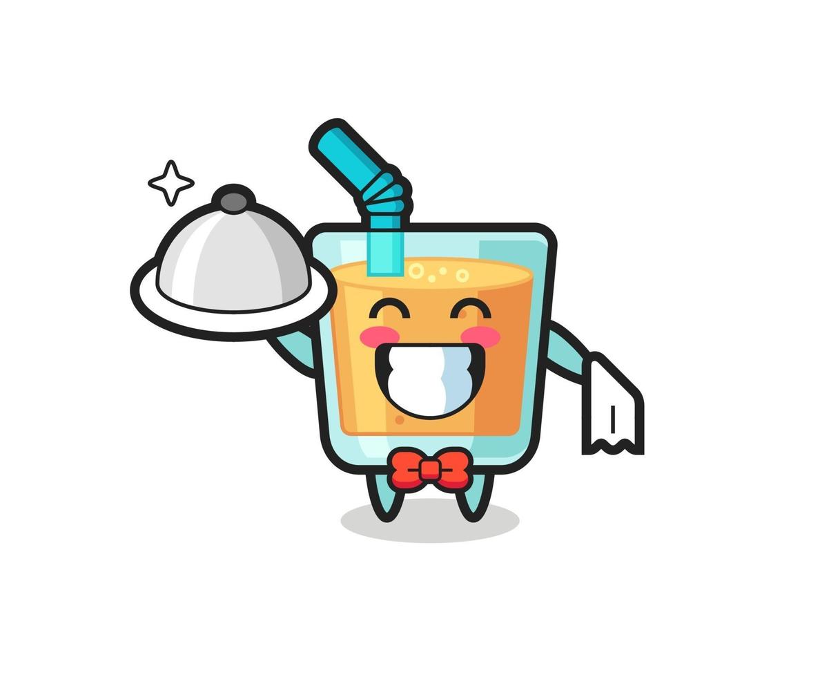 Mascota de personaje de jugo de naranja como camareros. vector