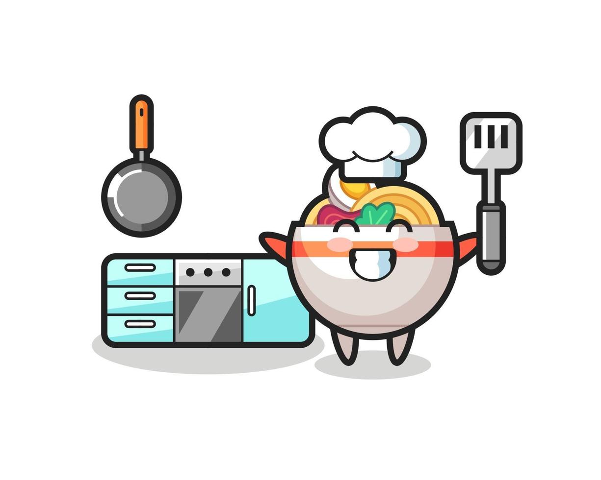 ilustración de personaje de tazón de fideos mientras un chef está cocinando vector