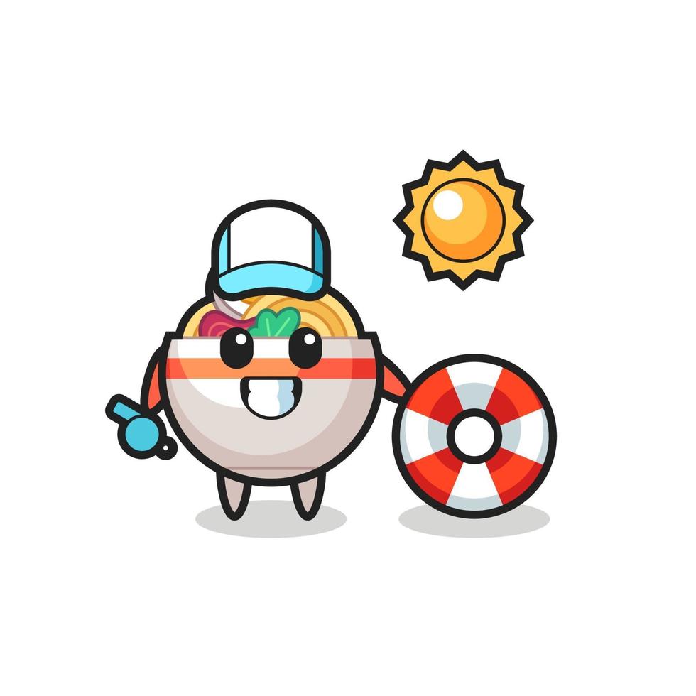 Cartoon mascot of noodle bowl as a beach guard vector