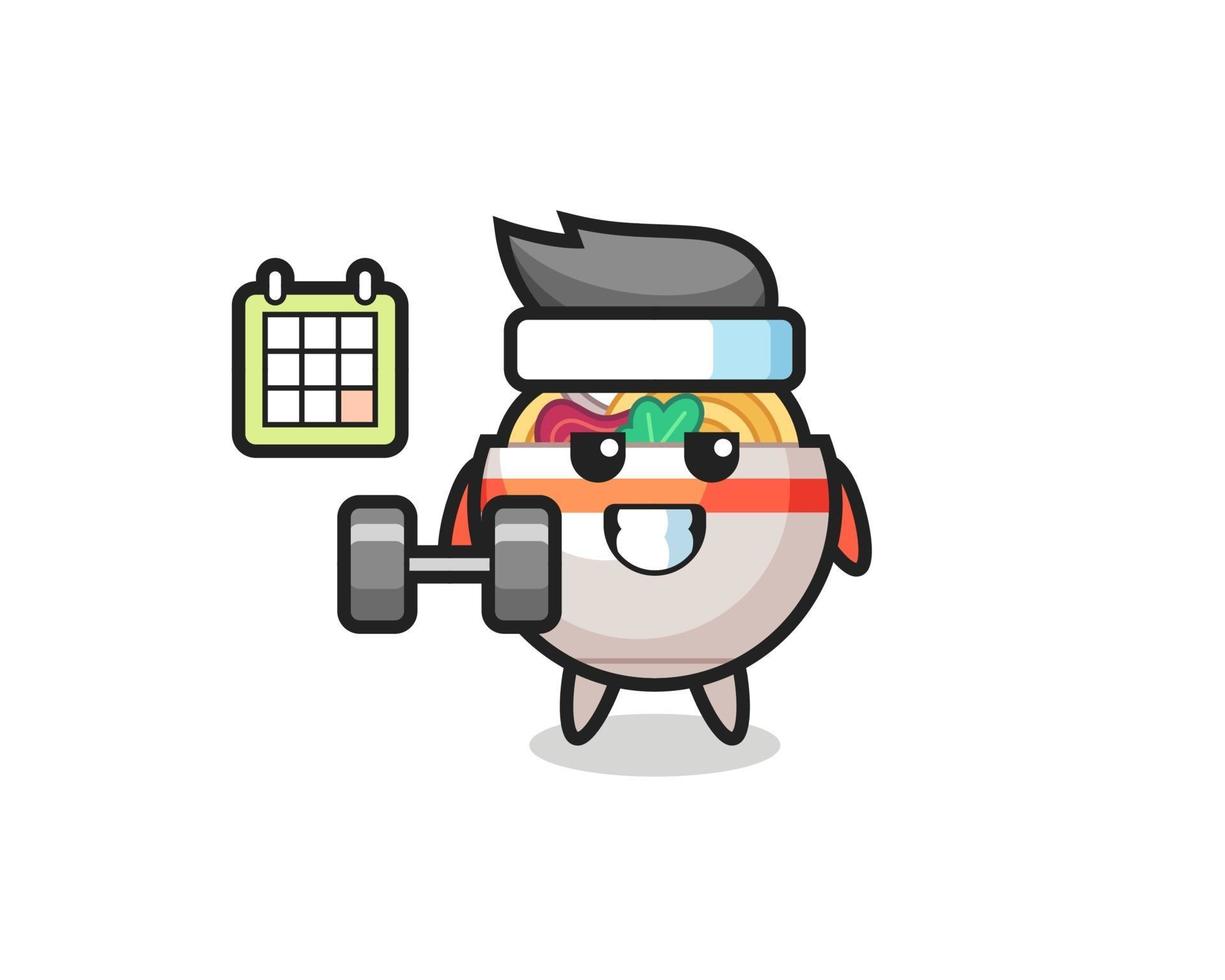 noodle bowl mascot cartoon doing fitness with dumbbell vector