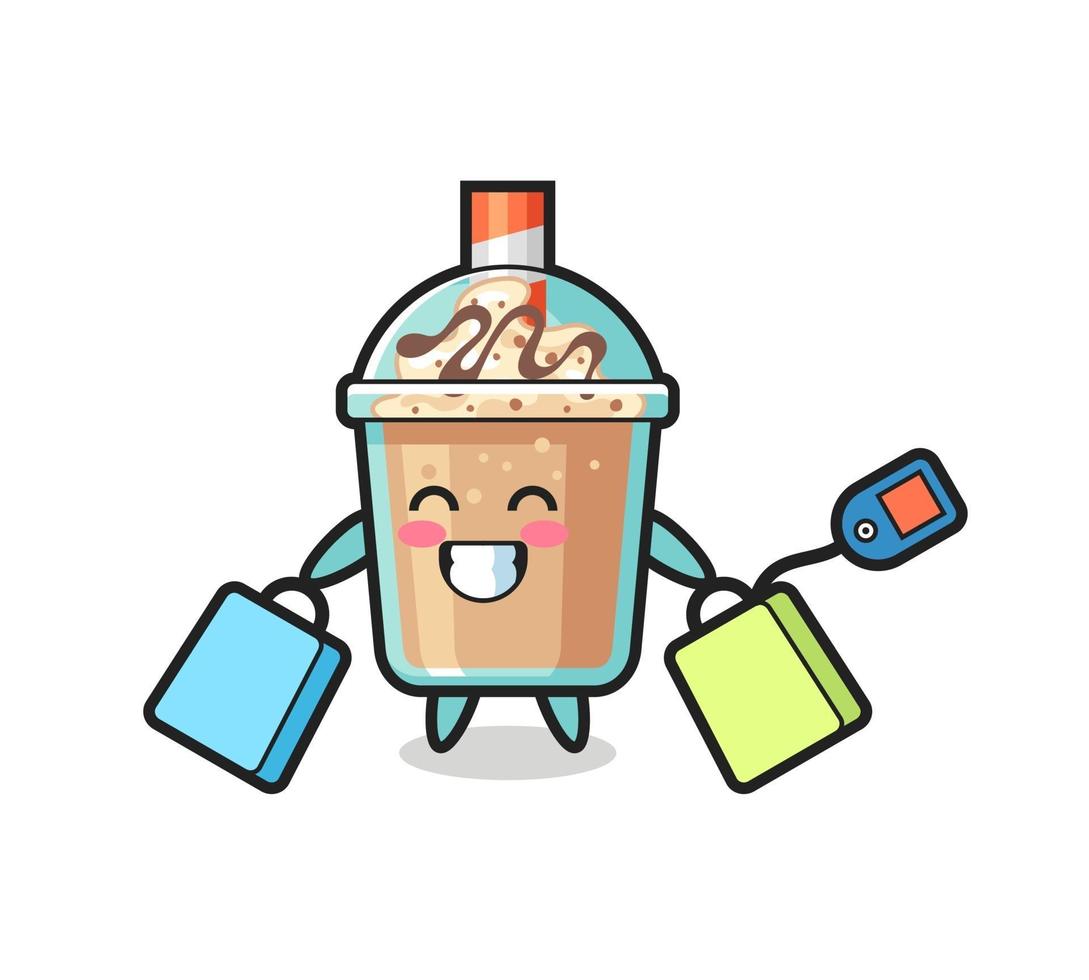 dibujos animados de mascota de batido sosteniendo una bolsa de compras vector