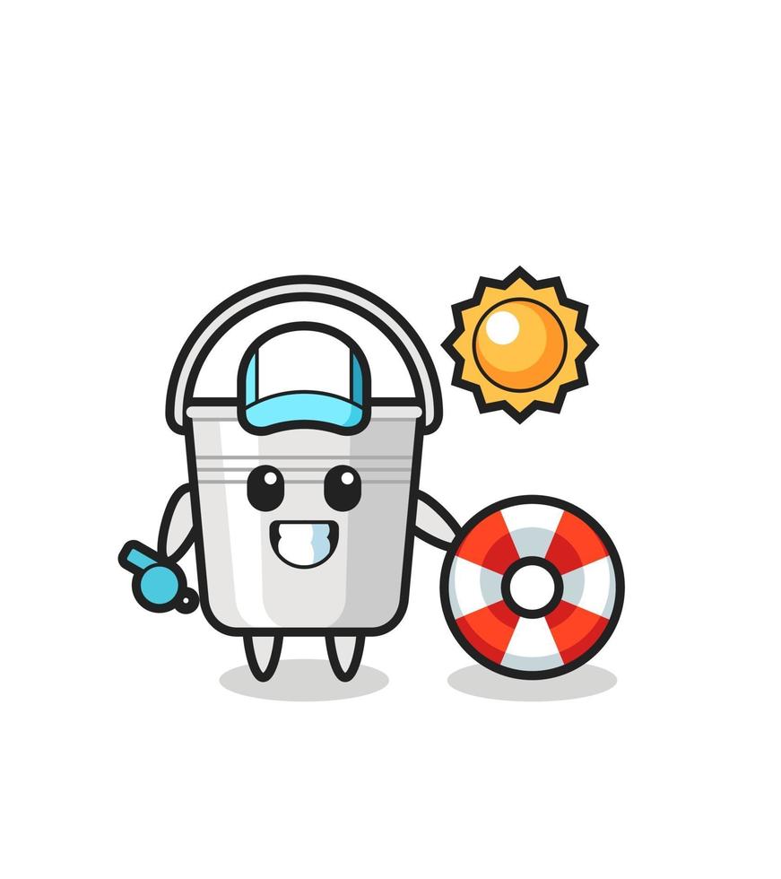 Cartoon mascot of metal bucket as a beach guard vector