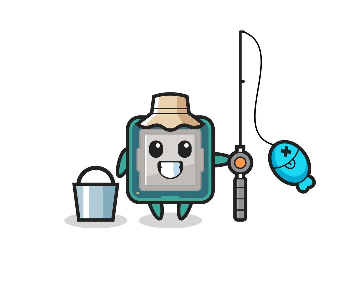 personaje mascota del procesador como pescador vector