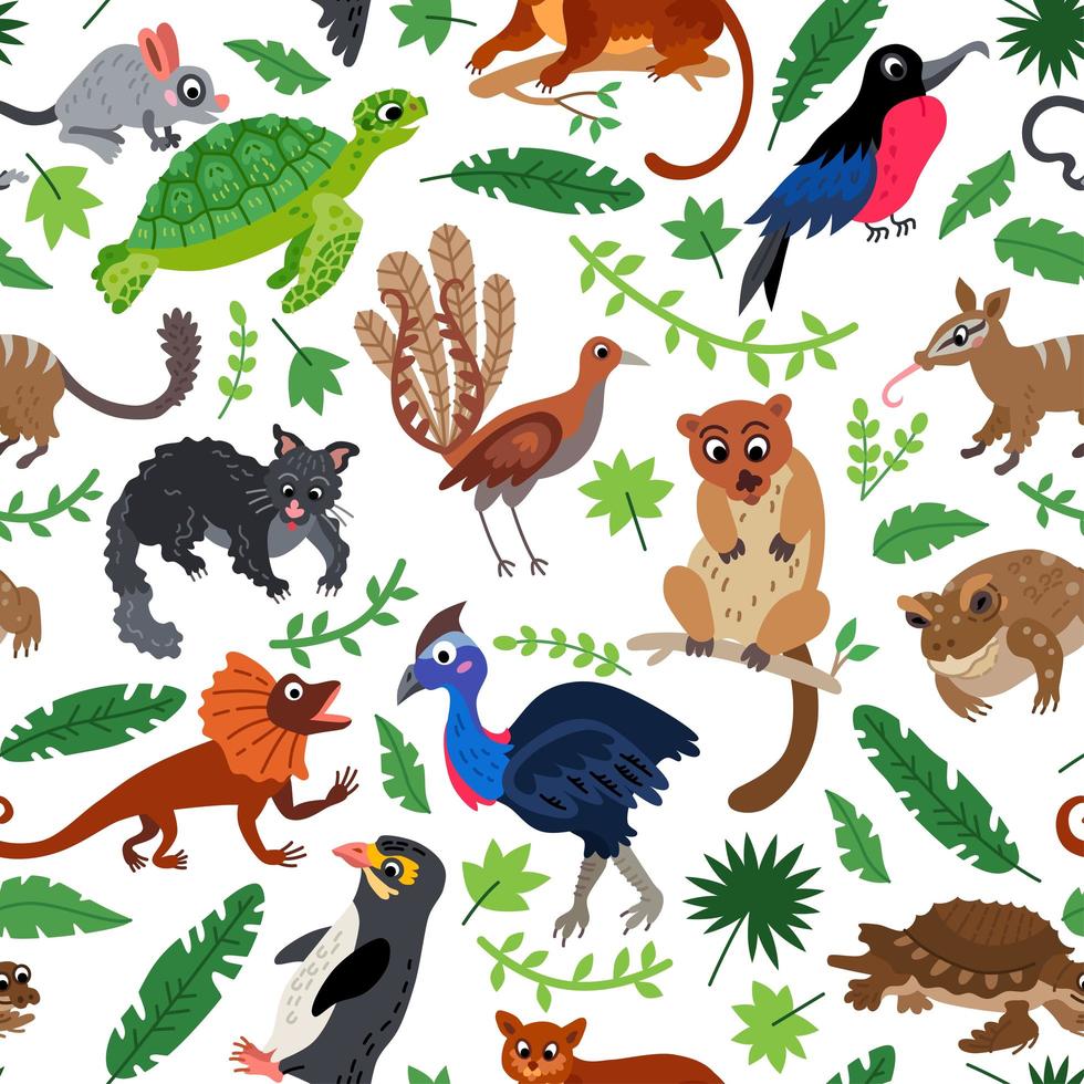 Wild Oceania animals flat style seamless pattern vector
