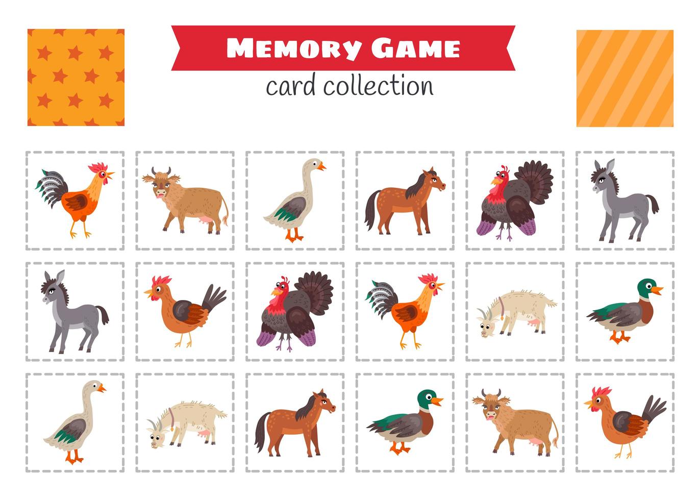 juego de memoria con animales de granja de dibujos animados. vector