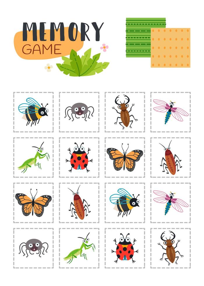 Memory game with cartoon beetles. Vector set