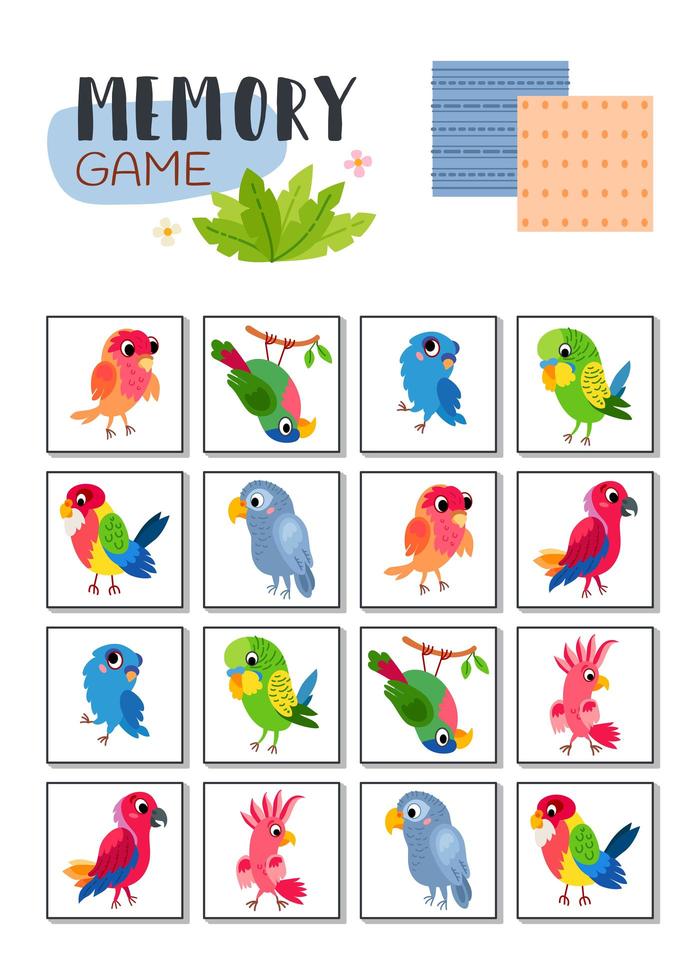 Memory game with cartoon tropical parrots. Vector