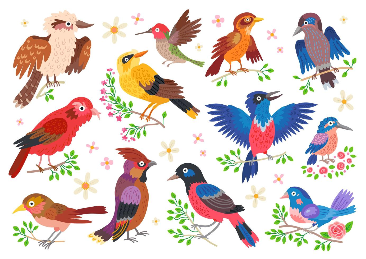 conjunto de aves del bosque. vector de dibujos animados pájaros cantores