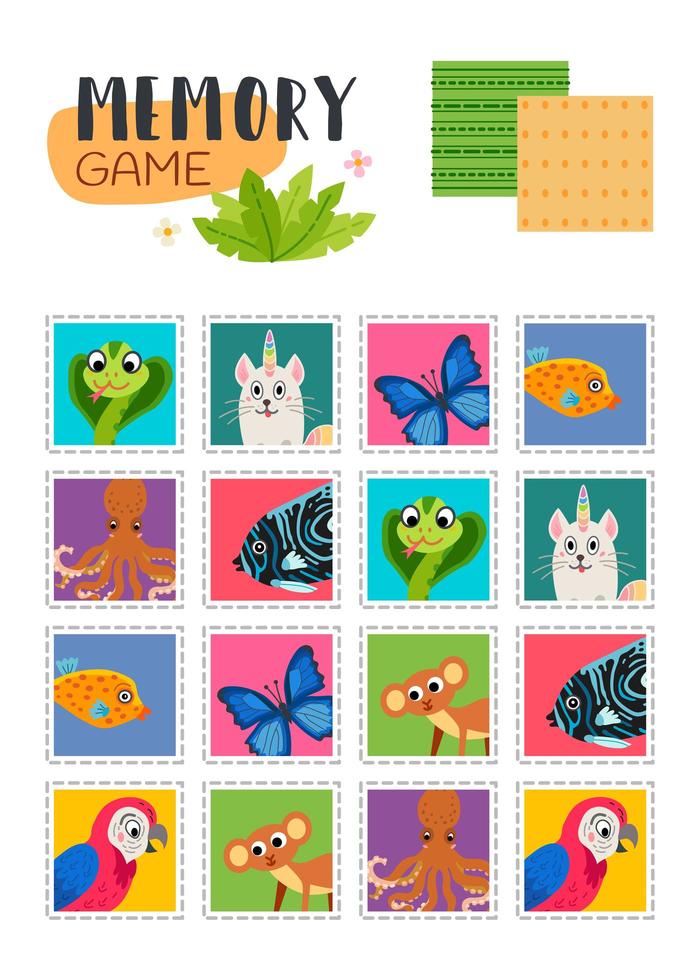 Memory game with a cartoon animals. Vector