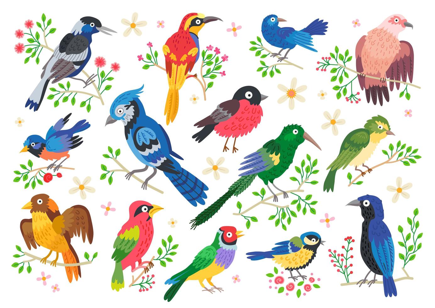 Set of forest birds. Vector cartoon songbirds