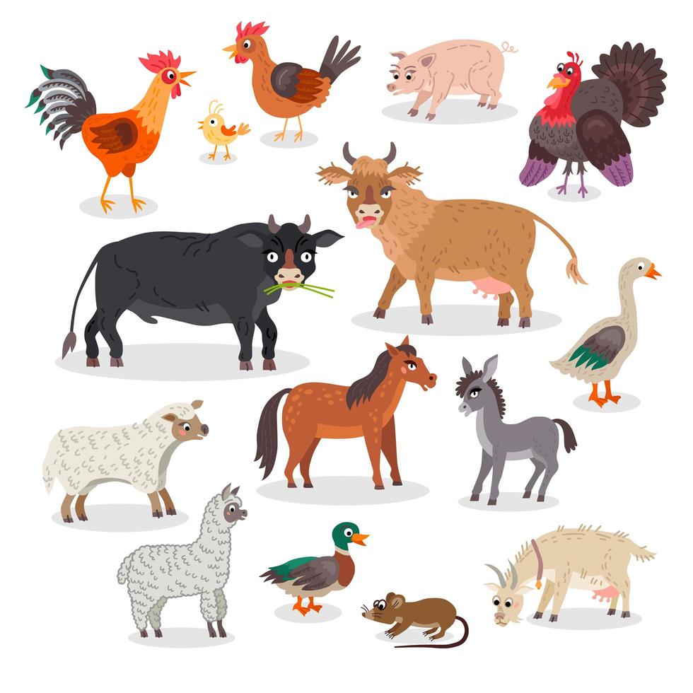 grandes animales de granja y conjunto de aves. vector