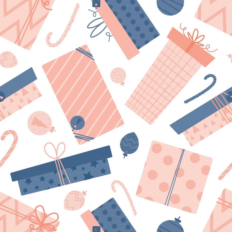 Seamless Christmas pattern with gift boxes. Christmas toys and candy. vector