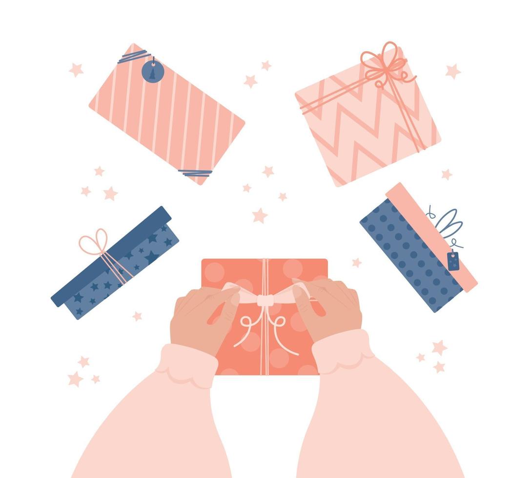 niña sosteniendo arco. Feliz Navidad. cajas de regalo santa secreta año nuevo. vector