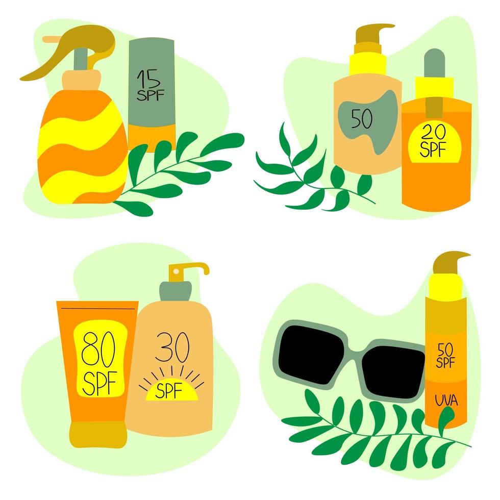 set containers for sunscreens, oils, lotions with spf, sunglasses. vector