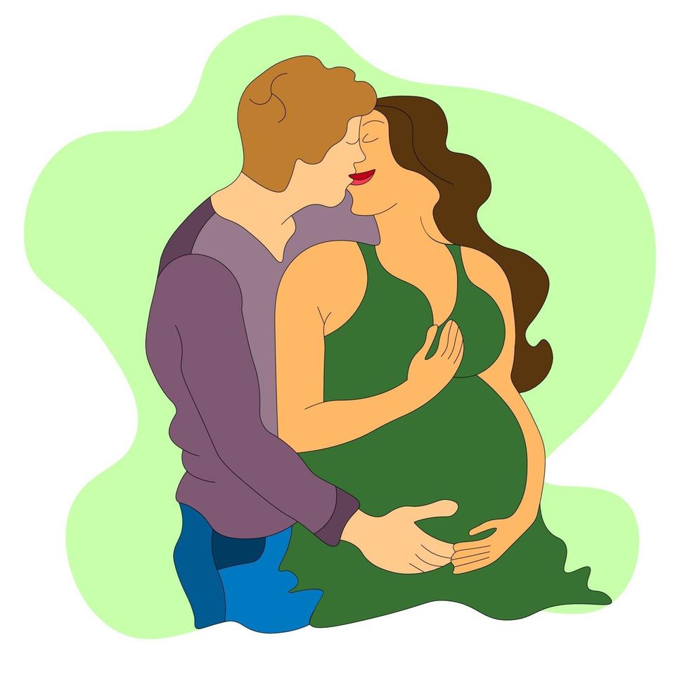 husband hugs and kisses his pregnant wife in a green dress. Vector ...