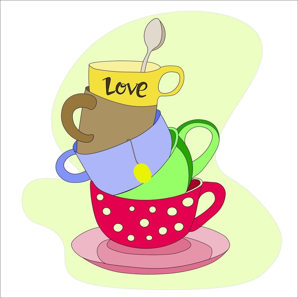 set of a stack of bright cups for tea and coffee on a saucer. Vector. vector