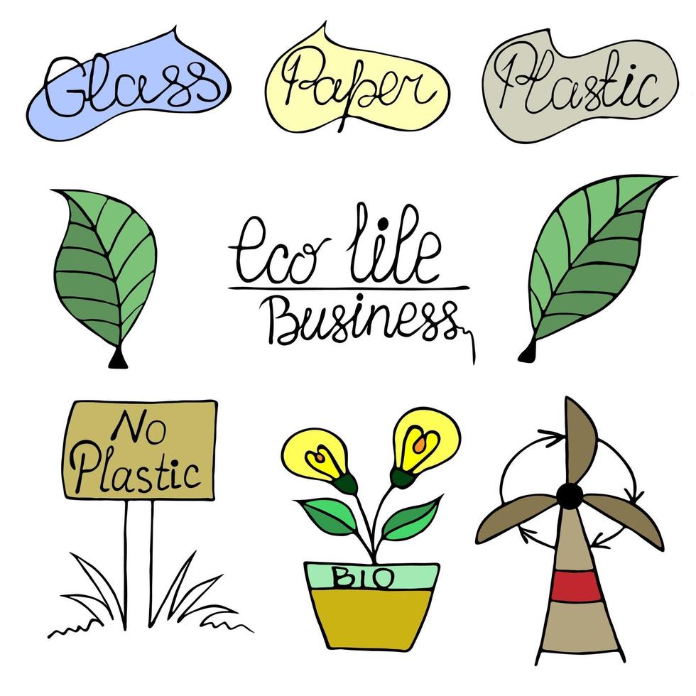 set doodles with zero waste. Ecostyle. Save energy. vector