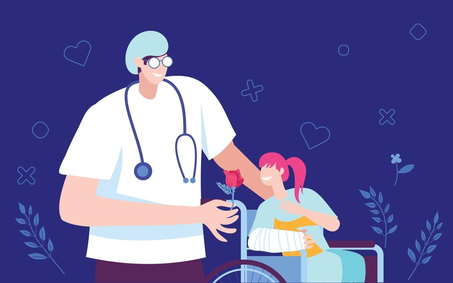 Doctor with children in wheelchair illustration concept vector