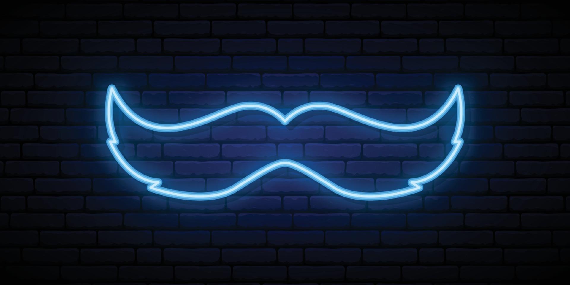 Neon blue mustache sign on brick wall background. vector