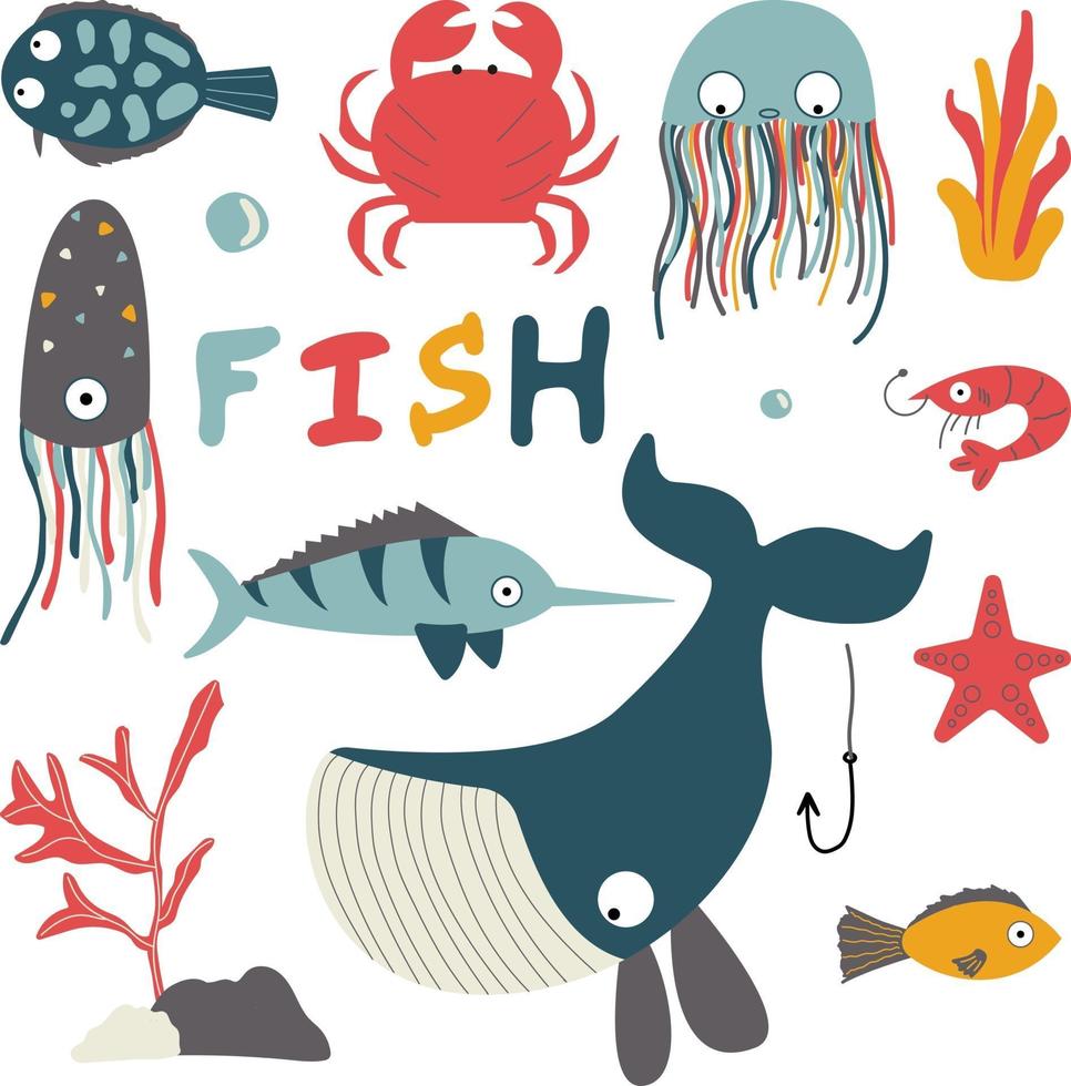 Vector clipart with fish and underwater inhabitants