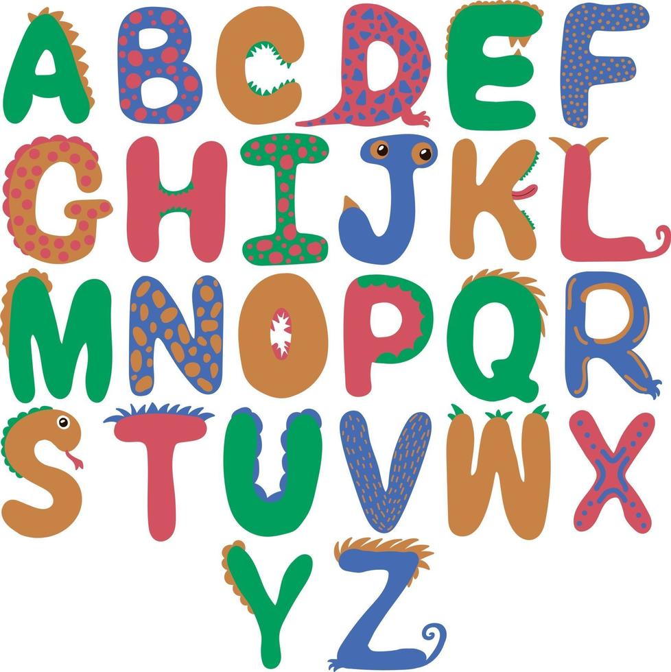 Dinosaur alphabet of different colors for children vector