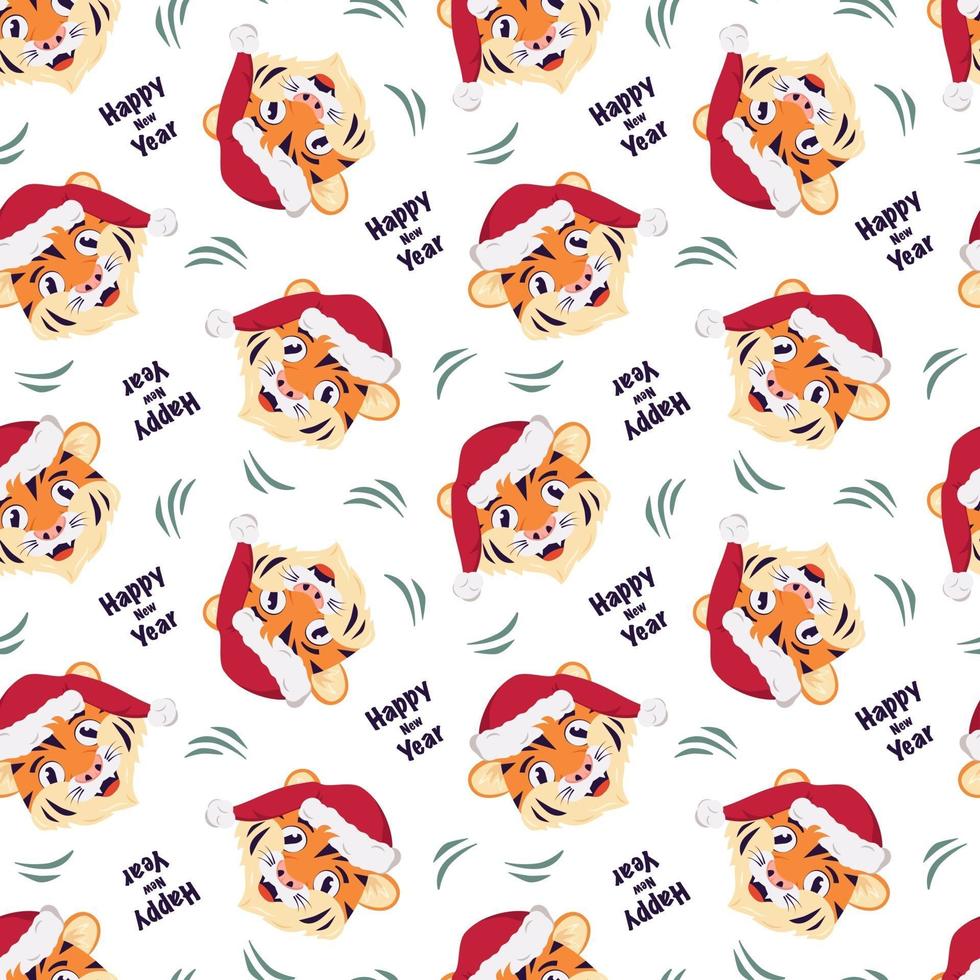 Seamless pattern with a tiger in a red Santa hat vector