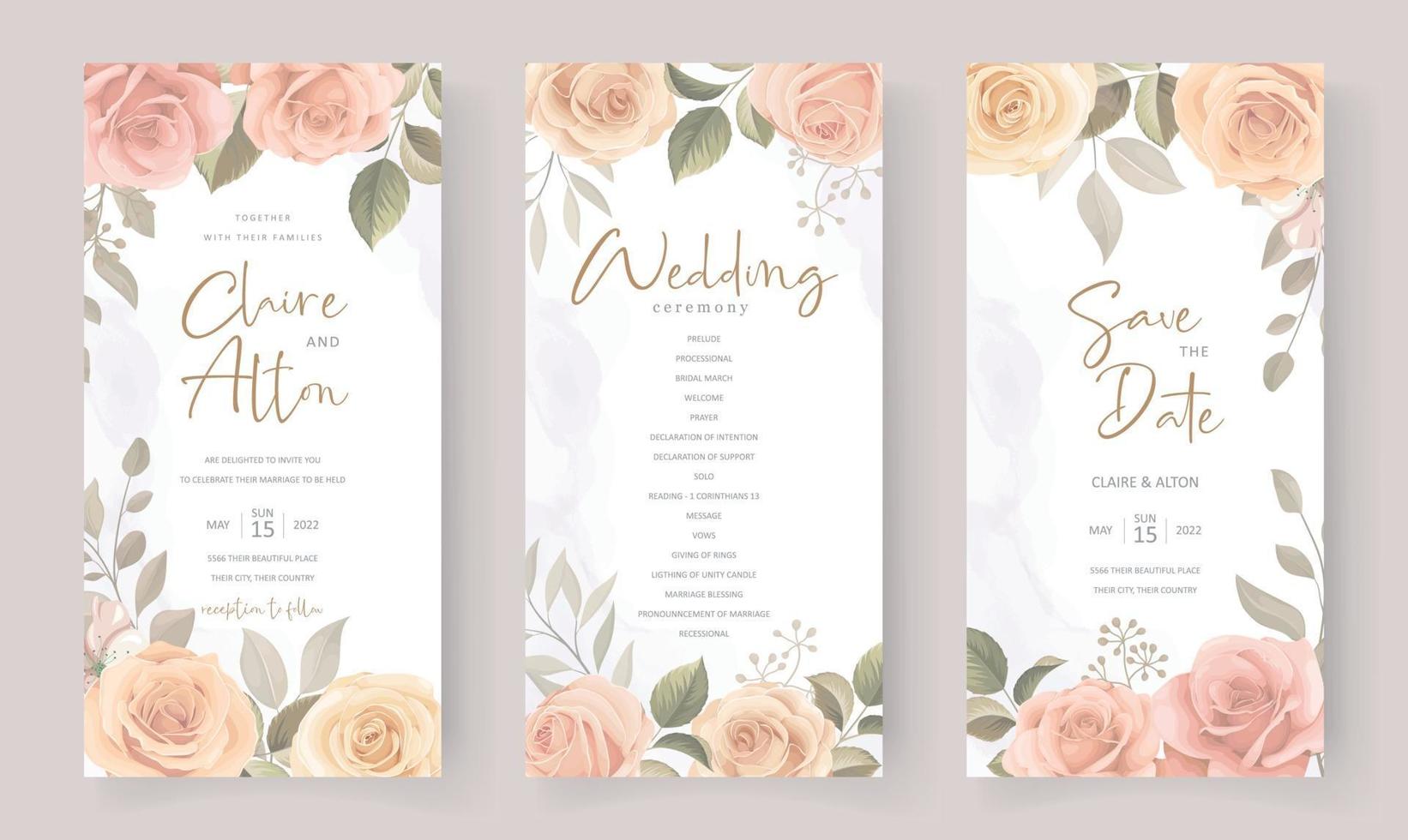 Wedding invitation template with beautiful flowers and leaves vector