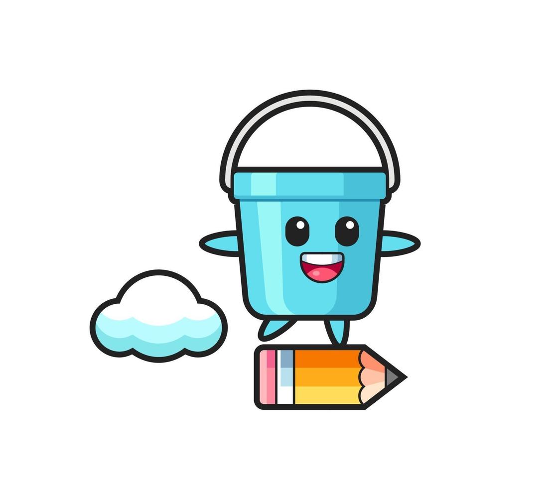 plastic bucket mascot illustration riding on a giant pencil vector