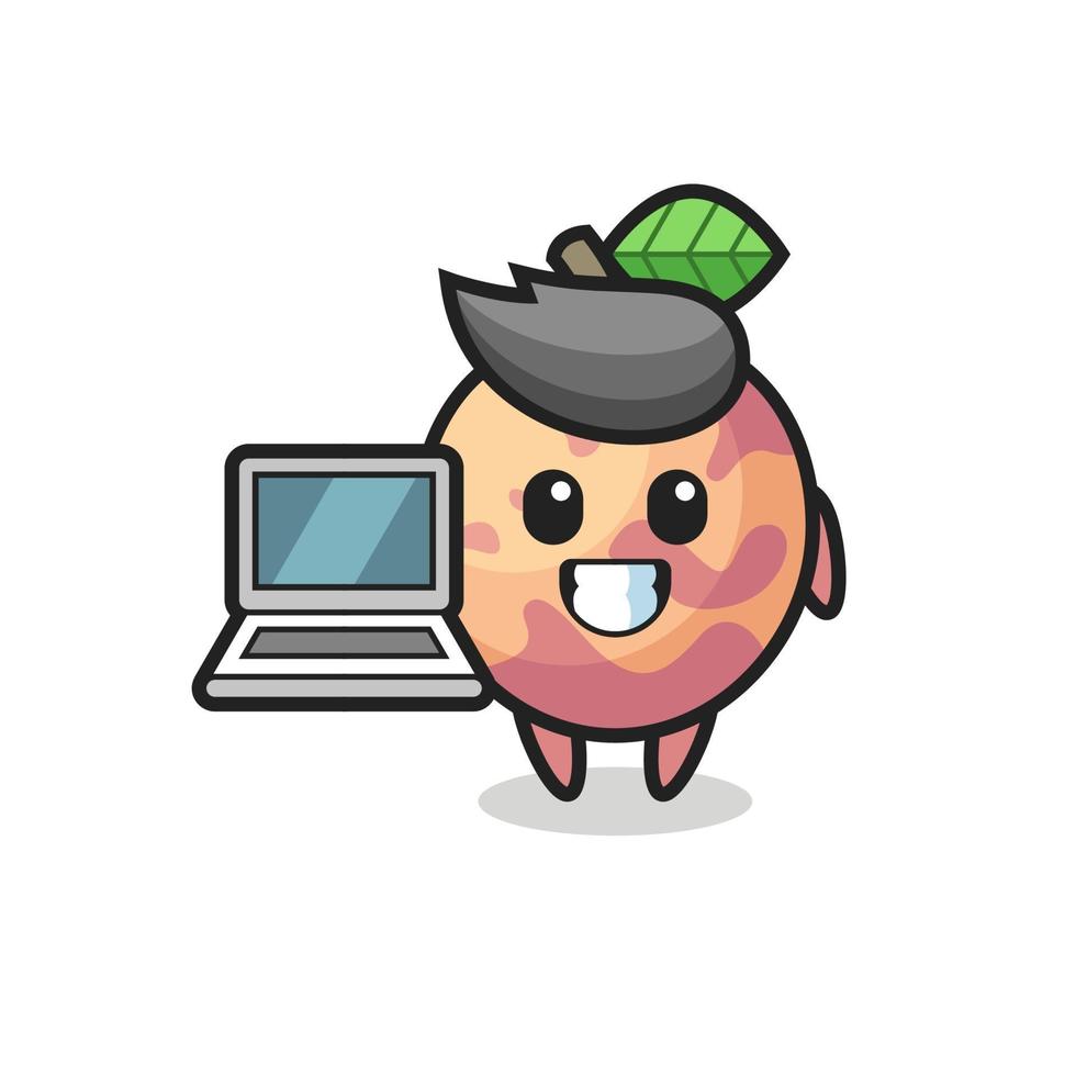 Ilustración de mascota de fruta pluot con una computadora portátil vector