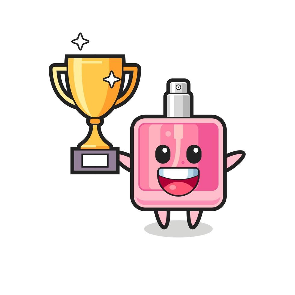 Cartoon Illustration of perfume is happy holding up the golden trophy vector