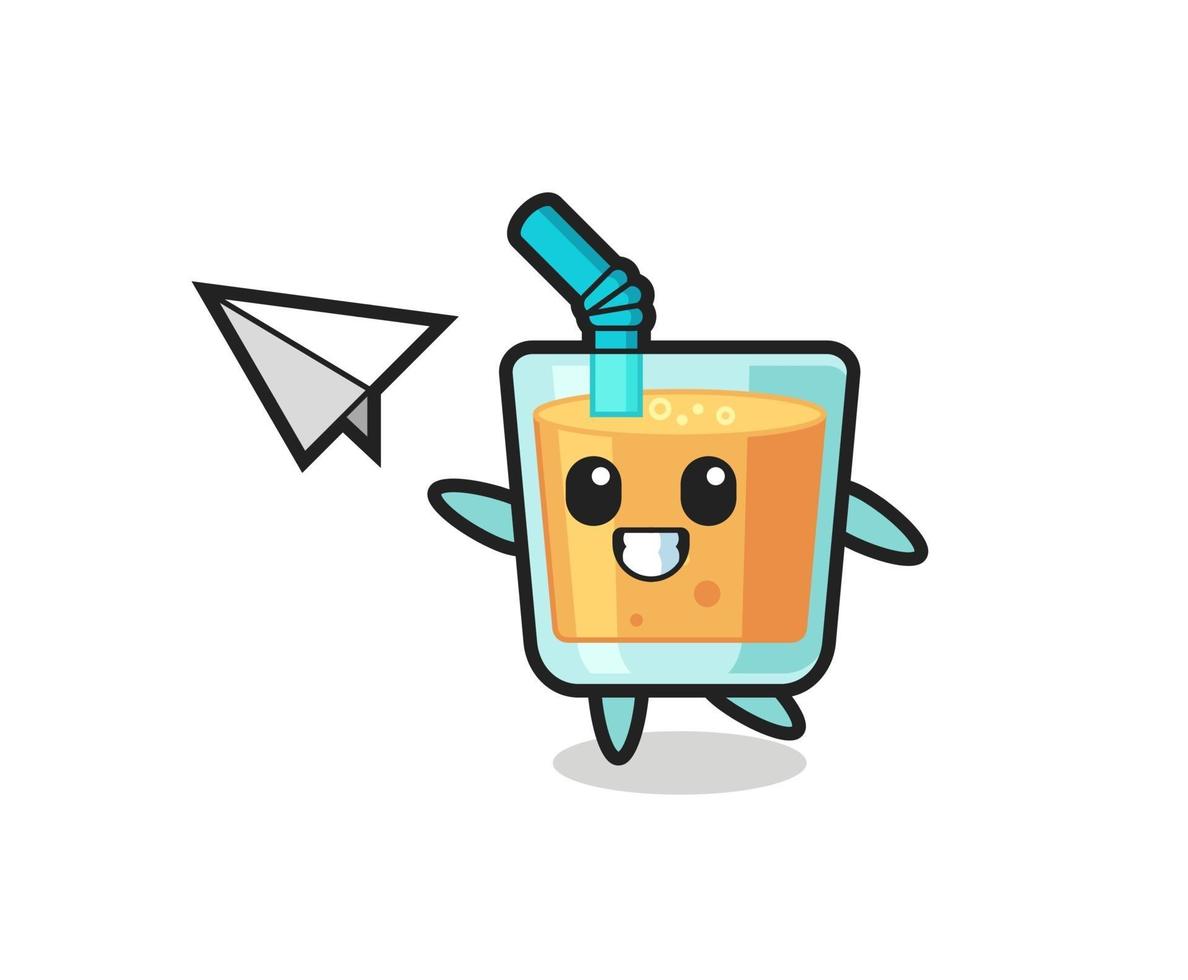 orange juice cartoon character throwing paper airplane vector