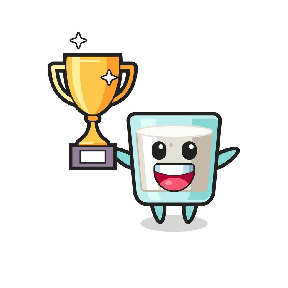 Cartoon Illustration of milk is happy holding up the golden trophy vector