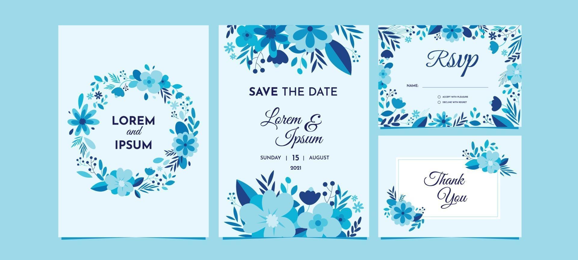 conjunto de invitación de boda floral azul vector