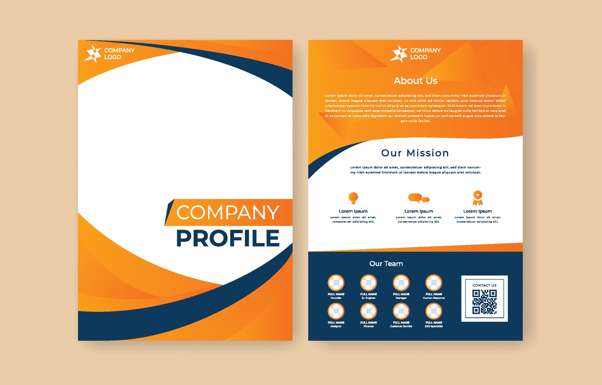 Company Profile Flyer Template in Orange and Dark Blue 3262565 Vector Art at Vecteezy