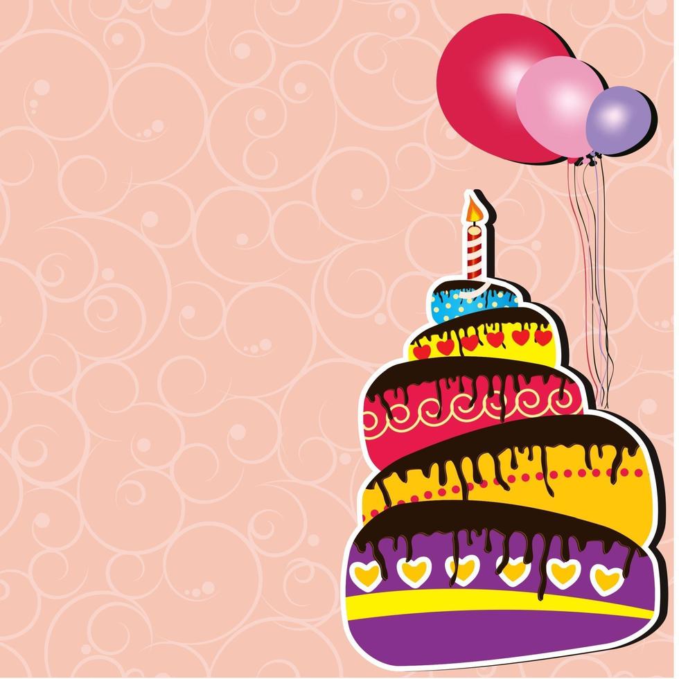 Vector illustration of Birthday card with cake and balloons