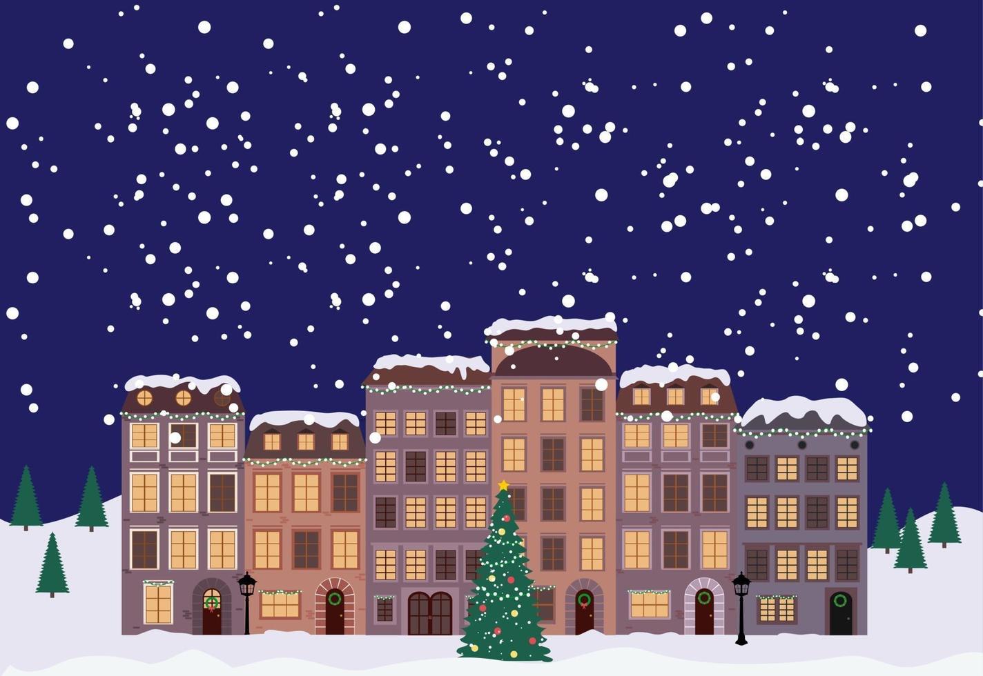 Winter Christmas and New Year Little Town in retro Style. vector