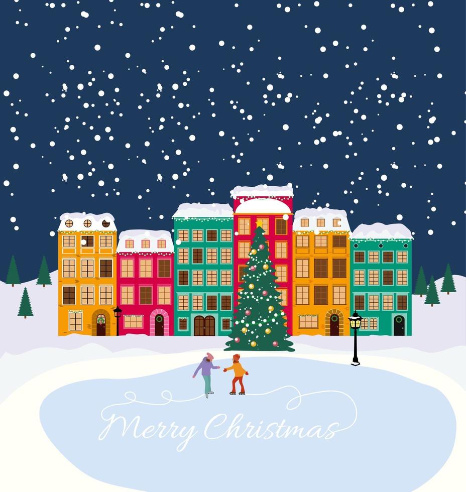 Merry Christmas and Happy New Year Background with Little Town vector