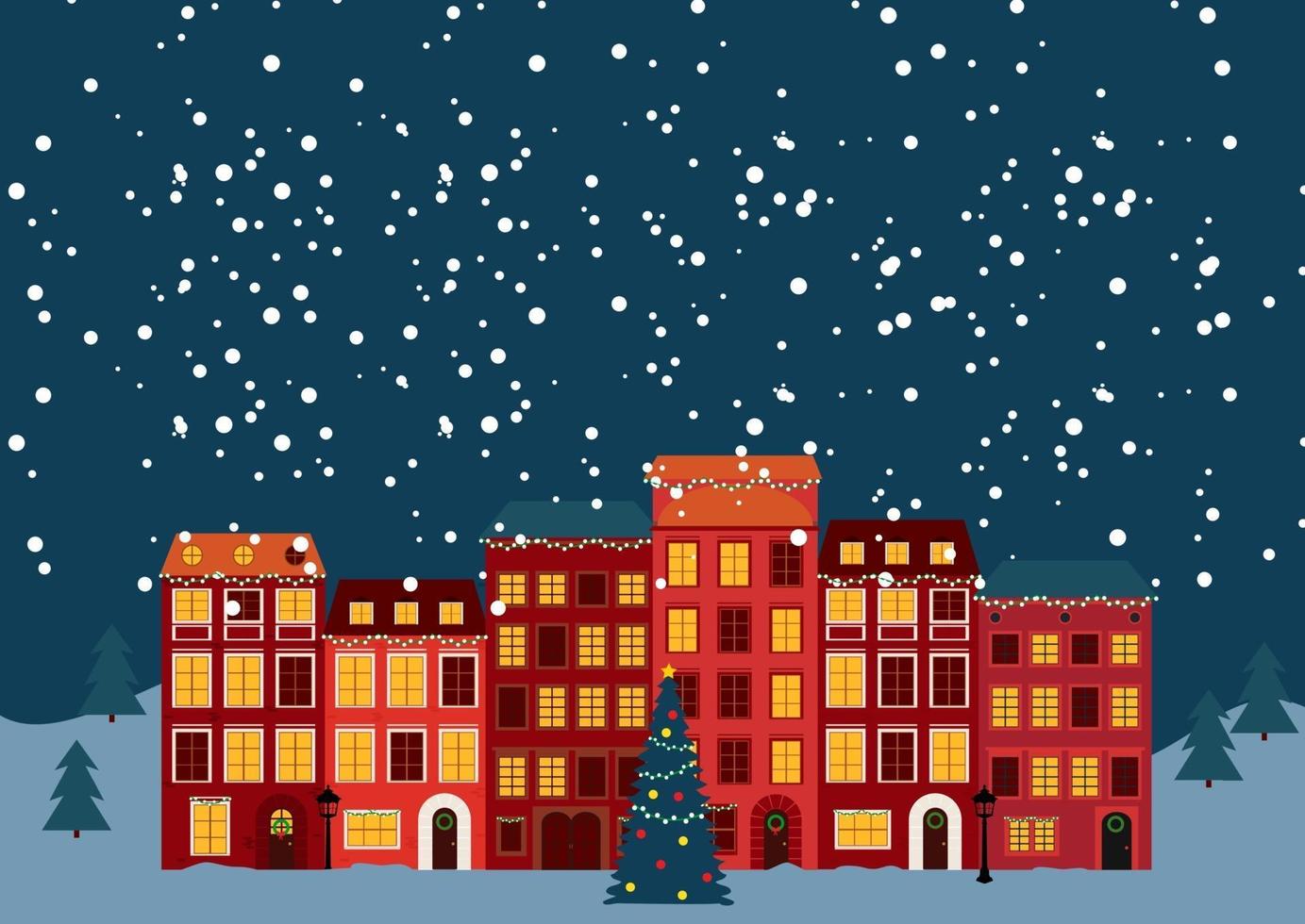 Winter Christmas and New Year Little Town in retro Style. vector