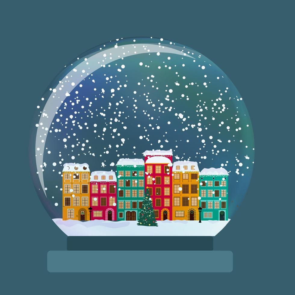 Globo de cristal de nieve con una pequeña ciudad en invierno para Navidad vector