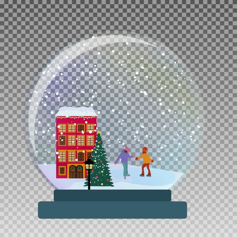 Globo de cristal de nieve con niños patinar en invierno para Navidad vector