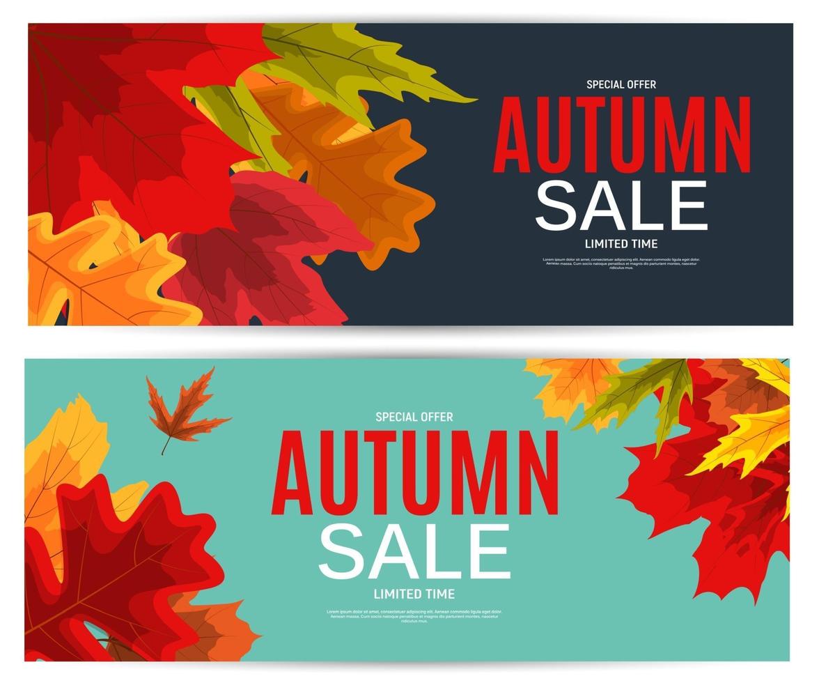 Banner de venta de hojas de otoño brillante. tarjeta de descuento comercial. vector