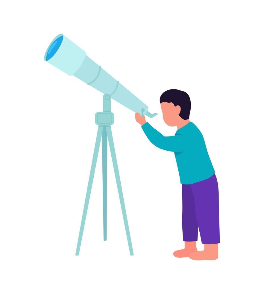 Little boy stargazing with telescope semi flat color vector character