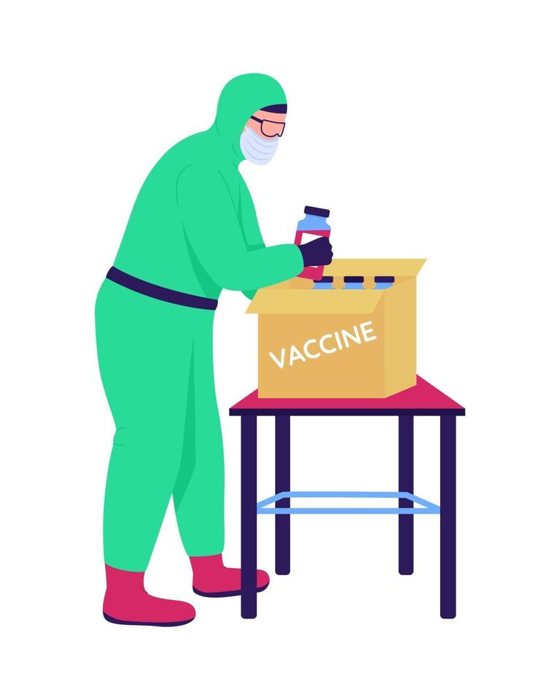 Lab assistant packing up vaccine semi flat color vector character