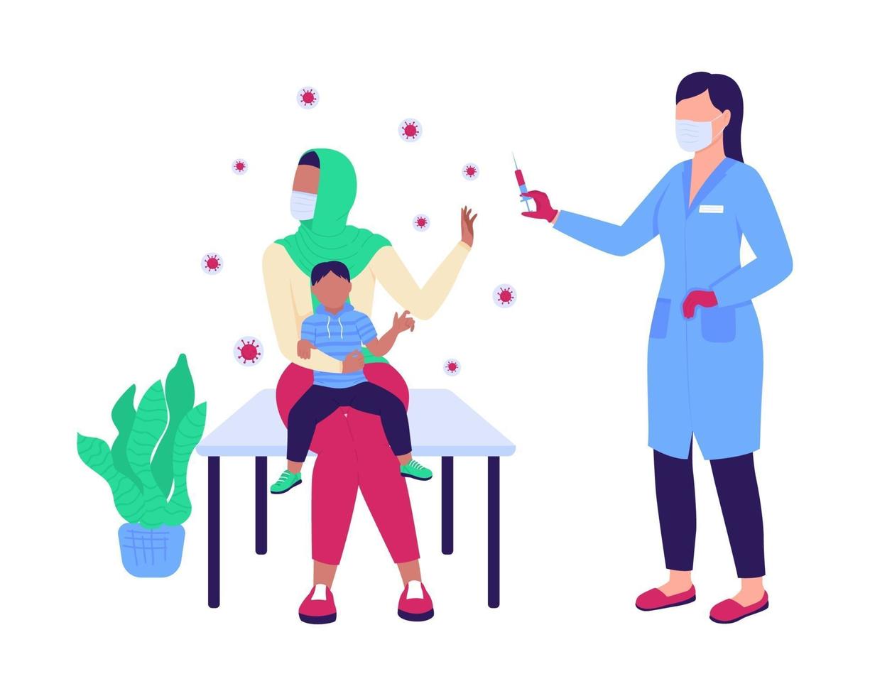 Mother with child refuses vaccine semi flat color vector characters