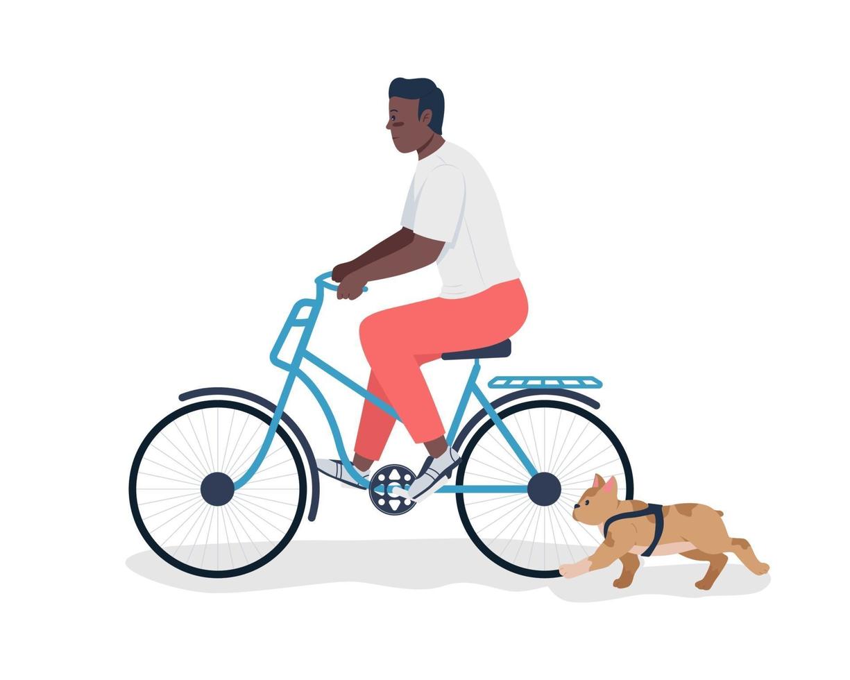 Man walks dog on bicycle semi flat color vector character