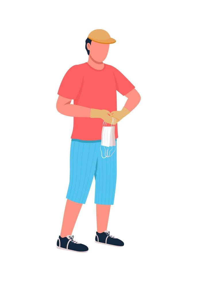 Guy picks up disposable surgical masks flat color vector character
